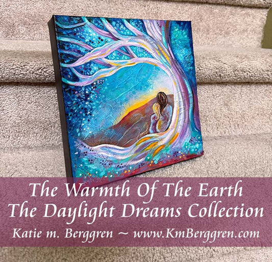 mother and daughter sitting against a purple tree watching an orange and red sunset with blue sky and leaves by kmberggren, kimberggren, katie m berggren, mother and child artwork, mommy daughter painting