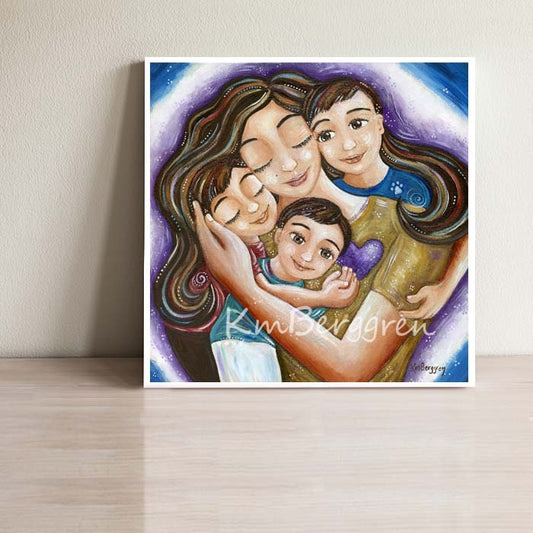 brunette mother hugging three brown haired children with purple blue and white background