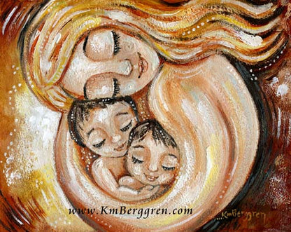 warm art of mother and two children, blonde mother with brunette twins, blonde mom with brown hair babies, brother sister art, two boys and mom art, twin boys art, twin girls art print, mother and children art, red and gold artwork