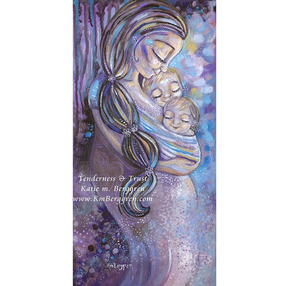 purple painting of mom and two kids, purple wall decor motherhood, mom and babies in purple, babywearing art in purple, purple baby wear art, wrapping baby in violet, lavender artwork, mother and twins art, paint print of mom and twin babies, kmberggren, km berggren, mom baby wall decor, art for baby  nursery, art for twin nursery