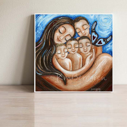 brown haired mom artwork with four children, four boys by KmBerggren, painting with butterfly and 4 children and mom