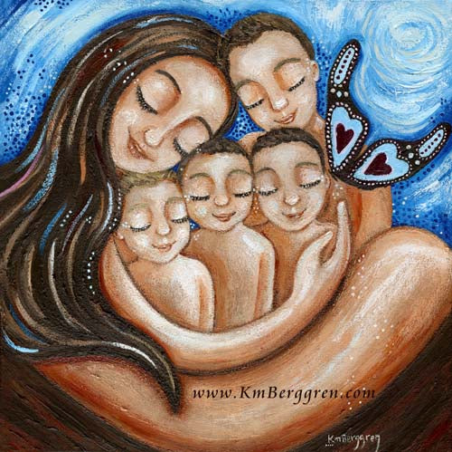 brown haired mom artwork with four children, four boys by KmBerggren, painting with butterfly and 4 children and mom