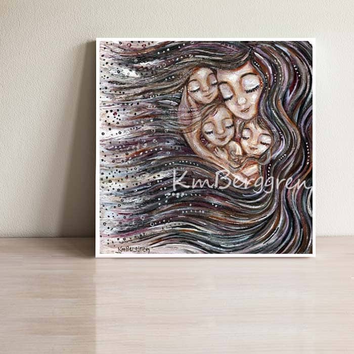 long haired mother with 3 children nestled in her hair black hair mom 3 children mom 3 daughters sisters sleeping in mama's hair kmberggren art print of family