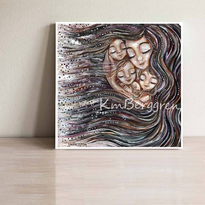 long haired mother with 3 children nestled in her hair black hair mom 3 children mom 3 daughters sisters sleeping in mama's hair kmberggren art print of family