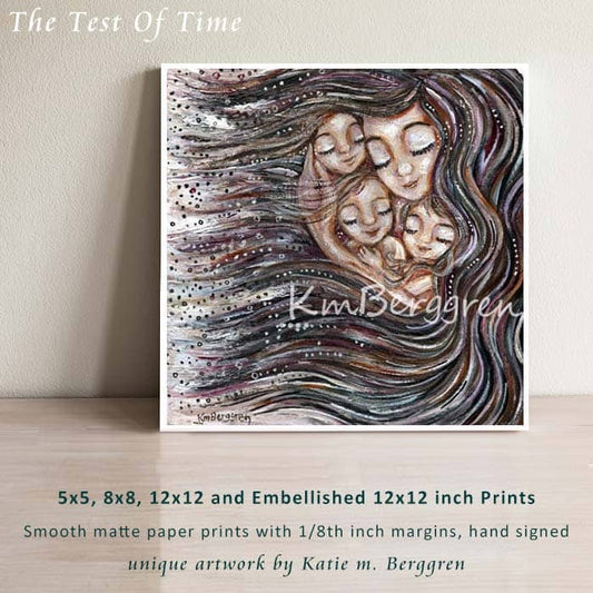 long haired mother with 3 children nestled in her hair black hair mom 3 children mom 3 daughters sisters sleeping in mama's hair kmberggren art print of family