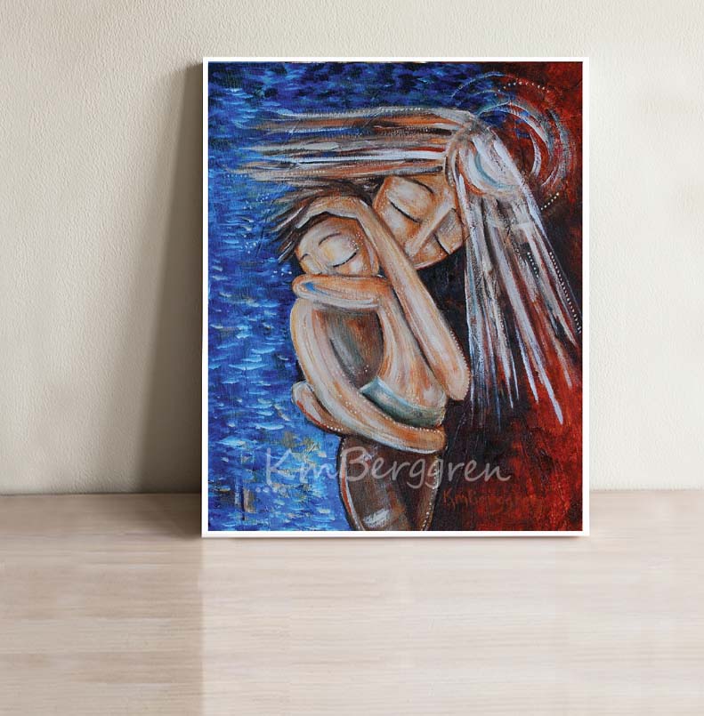 evocative and emotional red and blue art print of mother protecting child holding child by the water with a rich red background