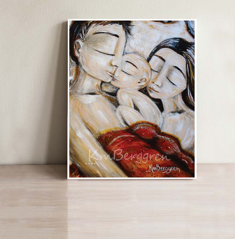 father and black haired mother sleeping with bald infant beneath red blanket artwork