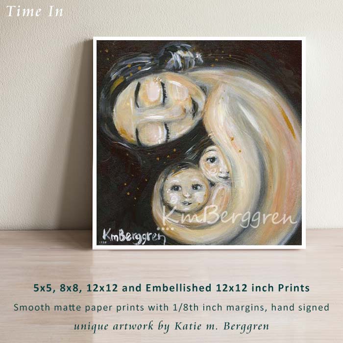 dark hair mother arching over two children. Choose Embellished print for eye color changes.