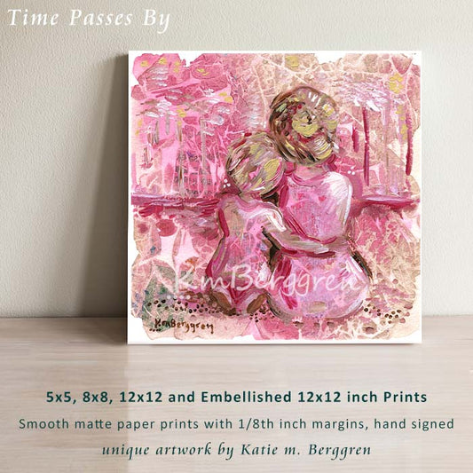 warm art of mother and child, back view mom and son looking out at forest, pink magenta red forest artwork, blonde mother and child art for mother's day