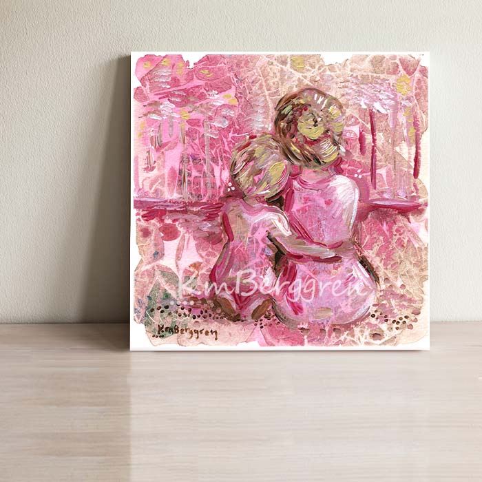 warm art of mother and child, back view mom and son looking out at forest, pink magenta red forest artwork, blonde mother and child art for mother's day