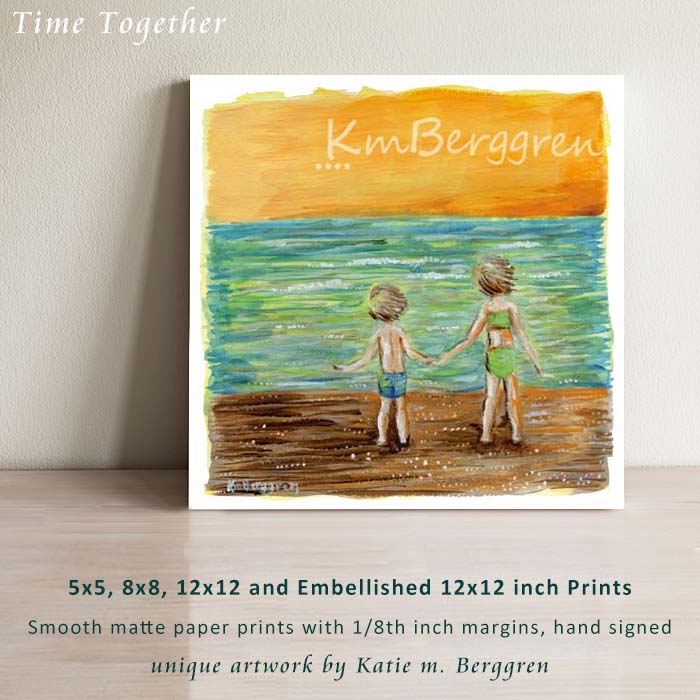 2 children on a beach, green ocean, orange sky, whimsical childhood art print, kmberggren, brother and sister holding hands on the beach artwork, gift for brother and sister, gift for mom from the kids