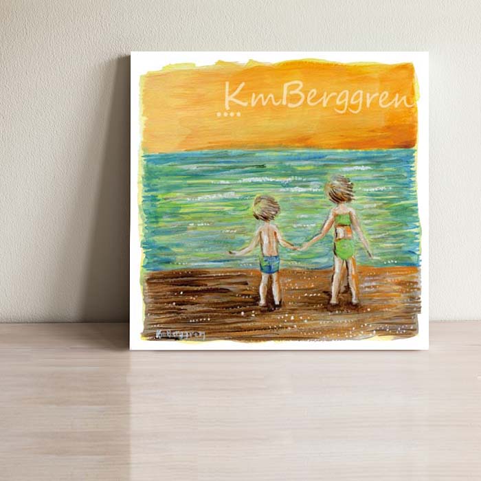 2 children on a beach, green ocean, orange sky, whimsical childhood art print, kmberggren, brother and sister holding hands on the beach artwork, gift for brother and sister, gift for mom from the kids