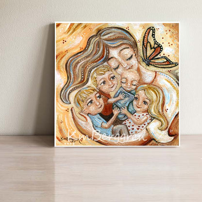 light brown haired mother with three blonde children and new baby with monarch by KmBerggren, golden mother of 4 children with a butterfly artwork