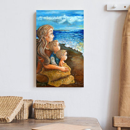 mother and two sons on the beach art, beach art of mom and kids, mom of 2 sons, watching the ocean artwork, beach house wall decor, beach loving woman art, beach lover mom gift, brothers on the beach painting, paintings of the ocean, paintings of the sea, seaside painting