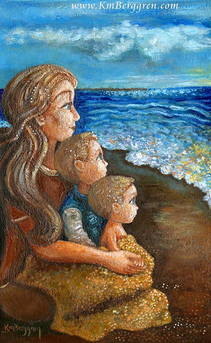 mother and two sons on the beach art, beach art of mom and kids, mom of 2 sons, watching the ocean artwork, beach house wall decor, beach loving woman art, beach lover mom gift, brothers on the beach painting, paintings of the ocean, paintings of the sea, seaside painting