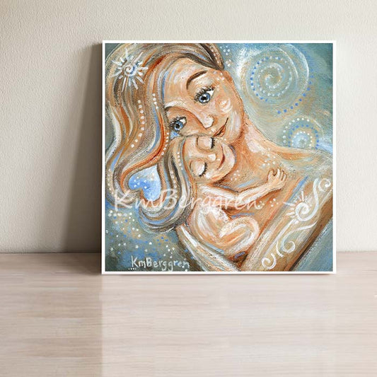 light blue art print of blonde mother with blonde daughter and swirls and body art by Kmberggren