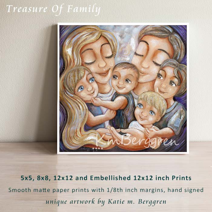 blonde dad, blonde mom and four children, 4 boys mom and dad, four sons, mother father 4 kids, big family artwork, painting of family of 6, kmberggren loving artwork gifts for moms