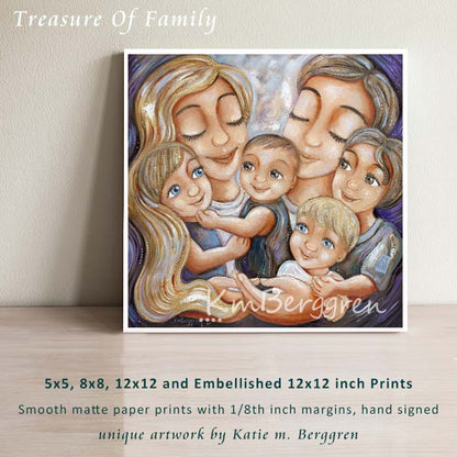 blonde dad, blonde mom and four children, 4 boys mom and dad, four sons, mother father 4 kids, big family artwork, painting of family of 6, kmberggren loving artwork gifts for moms