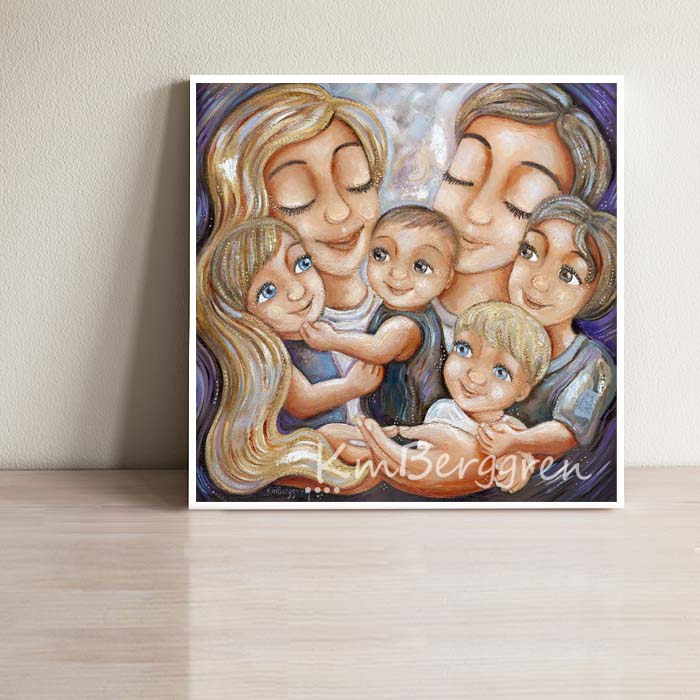 blonde dad, blonde mom and four children, 4 boys mom and dad, four sons, mother father 4 kids, big family artwork, painting of family of 6, kmberggren loving artwork gifts for moms
