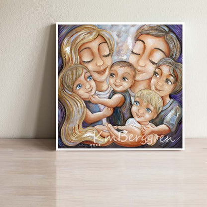 blonde dad, blonde mom and four children, 4 boys mom and dad, four sons, mother father 4 kids, big family artwork, painting of family of 6, kmberggren loving artwork gifts for moms