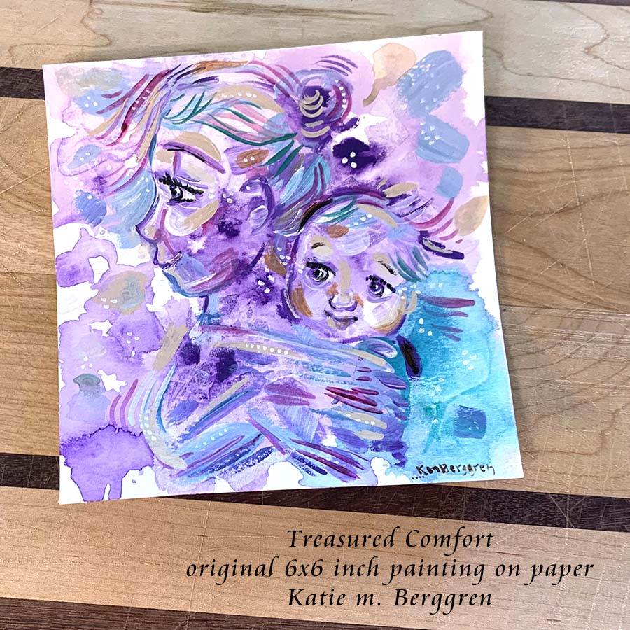 purple and aqua artwork, babywearing art print, baby wrapping print, painting of mom with baby on back, colorful wall decor