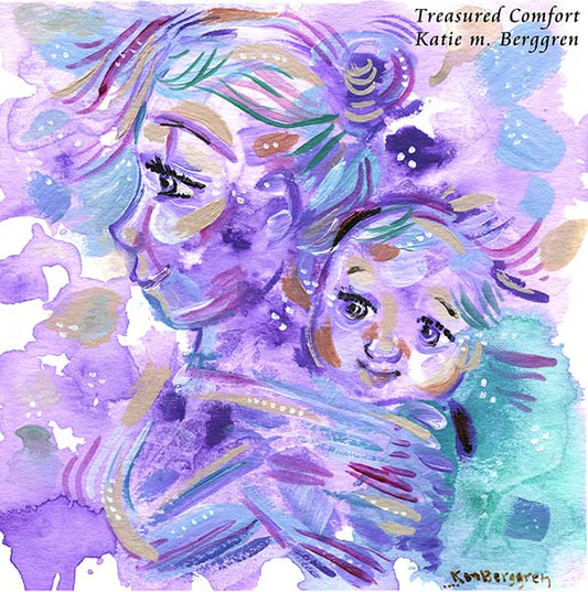 purple and aqua artwork, babywearing art print, baby wrapping print, painting of mom with baby on back, colorful wall decor