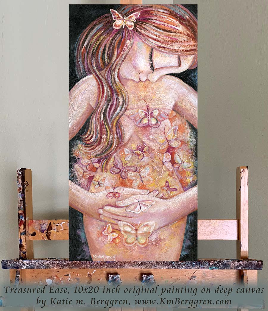 nude woman with butterflies painting, self-love artwork, orange pink white butterflies art, painting of woman alone, serenity artwork, peaceful warm painting,