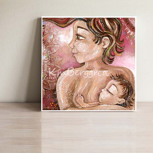 pink, red, whimsical sunflower artwork of mother with short hair nursing toddler, expressive and intimate motherhood artwork, nursing bond, new baby painting by KmBerggren