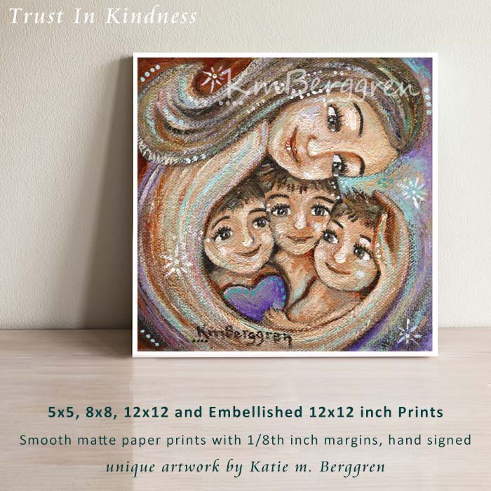 mother hugging three children, personalized canvas painting for mom, painting for best friend, purple heart with children print, light brown hair mama with three sons, kmberggren