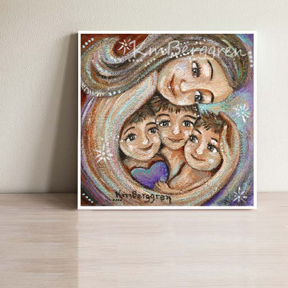 mother hugging three children, personalized canvas painting for mom, painting for best friend, purple heart with children print, light brown hair mama with three sons, kmberggren