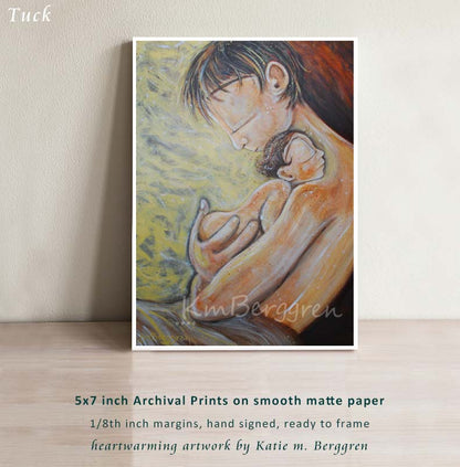 yellow warm print of father holding naked baby against his chest by KmBerggren, inspirational emotional artwork to celebrate a new father