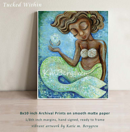 artwork painting of black woman mermaid with short wavy brown hair, closed eyes, plump lips, shell bra and holding a shell that is opening to reveal a pearl, kmberggren, artwork for strong woman, confident teenage girl art, gift for teenage girl