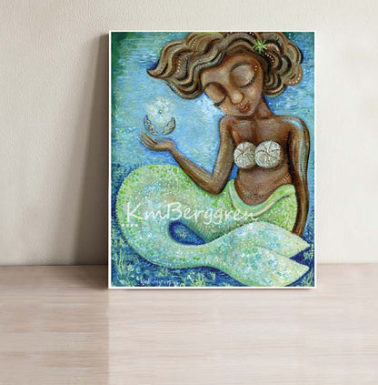 artwork painting of black woman mermaid with short wavy brown hair, closed eyes, plump lips, shell bra and holding a shell that is opening to reveal a pearl, kmberggren, artwork for strong woman, confident teenage girl art, gift for teenage girl