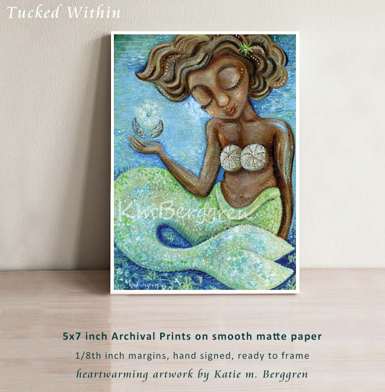 artwork painting of black woman mermaid with short wavy brown hair, closed eyes, plump lips, shell bra and holding a shell that is opening to reveal a pearl, kmberggren, artwork for strong woman, confident teenage girl art, gift for teenage girl