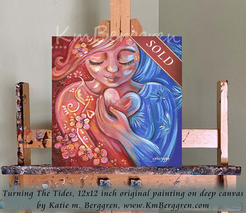 Motivational Woman with her Emotions Original Art with flowers, Vibrant blue and red artwork by Katie m. Berggren
