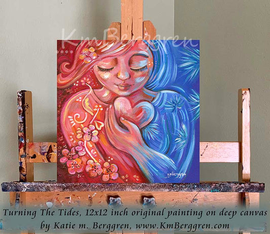 Motivational Woman with her Emotions Original Art with flowers, Vibrant blue and red artwork by Katie m. Berggren