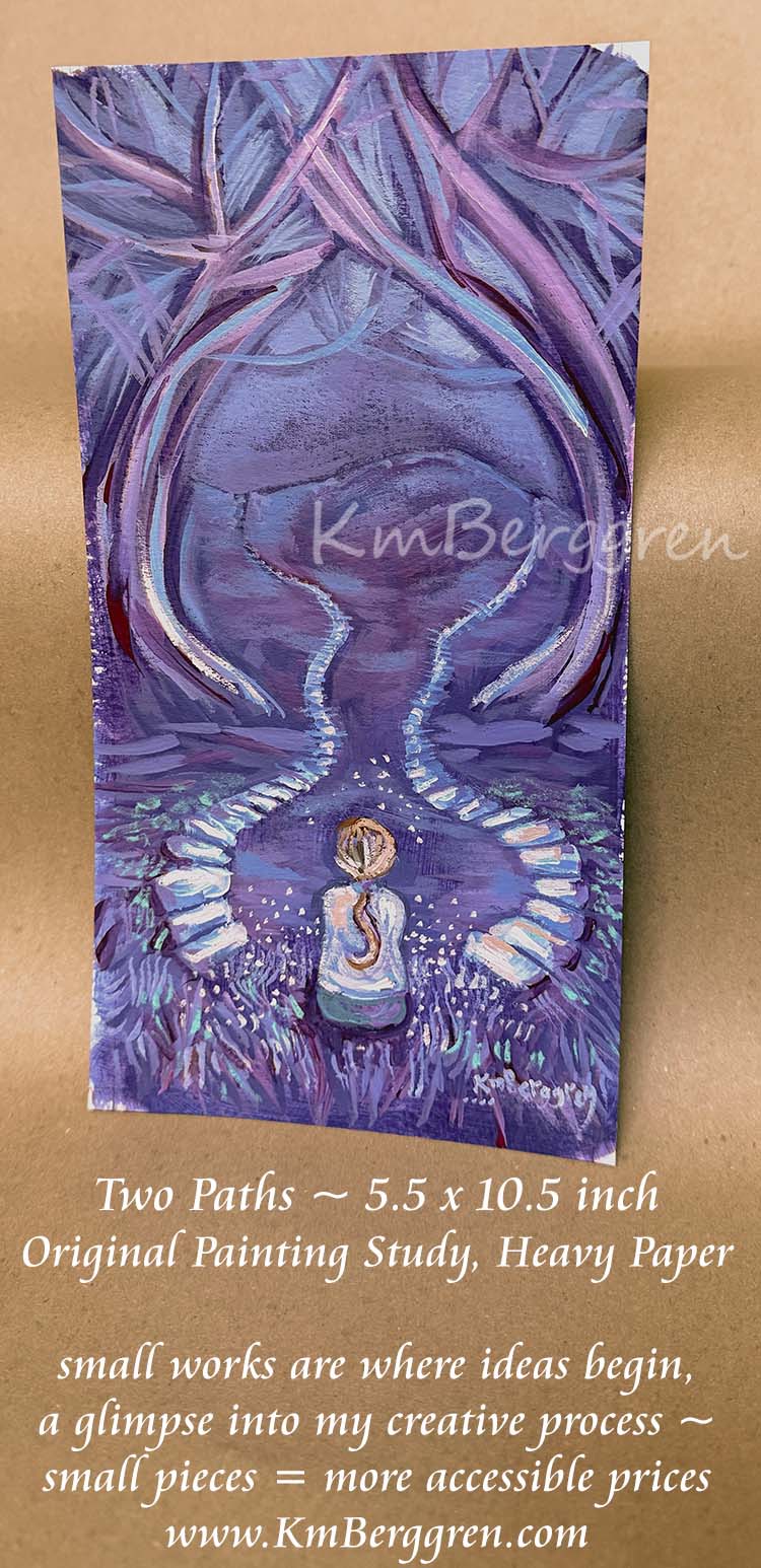 A vertical painting on heavy paper showing a surreal purple and blue scene with two winding paths leading to a small figure, a woman's backside view, looking at the decision of two different stone paths, between purple and lavender trees, violet sky, soft inspirational artwork for women by kmberggren, katie m berggren