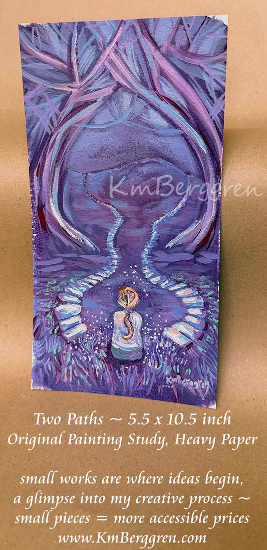 A vertical painting on heavy paper showing a surreal purple and blue scene with two winding paths leading to a small figure, a woman's backside view, looking at the decision of two different stone paths, between purple and lavender trees, violet sky, soft inspirational artwork for women by kmberggren, katie m berggren