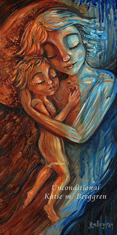 red and blue gradiant painting of mother with short hair sleeping with her child, little boy holding mommy's heart, little girl napping with mommy, tall narrow intimate motherhood artwork