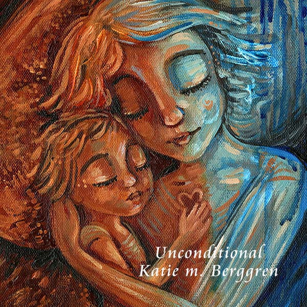 red and blue gradiant painting of mother with short hair sleeping with her child, little boy holding mommy's heart, little girl napping with mommy, tall narrow intimate motherhood artwork