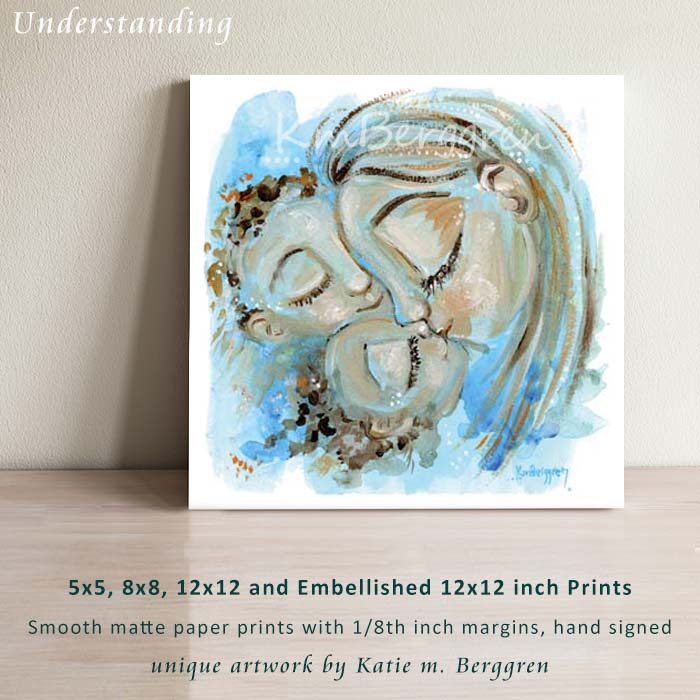 mother and two children kissing, blue watery artwork, biracial babies and mom, gift for mother's day for mom of two 2