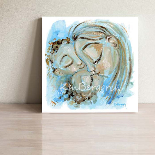 mother and two children kissing, blue watery artwork, biracial babies and mom, gift for mother's day for mom of two 2