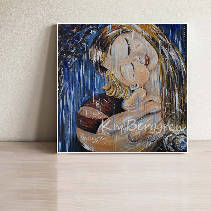 blonde mother and child artwork standing in the rain with blue sky, mom and baby face to face art print, mom and blonde toddler, baby buns, tree and rainy sky wall art, kmberggren