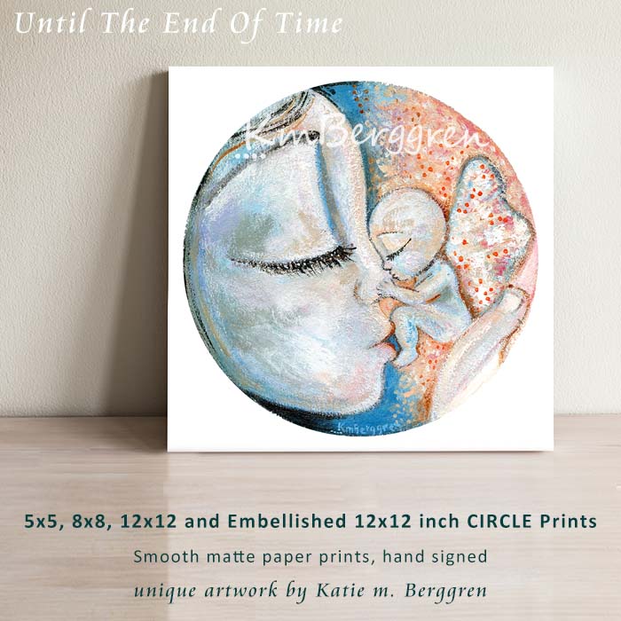 Angel Baby Kissing Mama's Nose CIRCLE Art Print, pink and blue artwork with bald tiny baby angel with pink wings kissing mommy's face, touching mama's nose, kmberggren