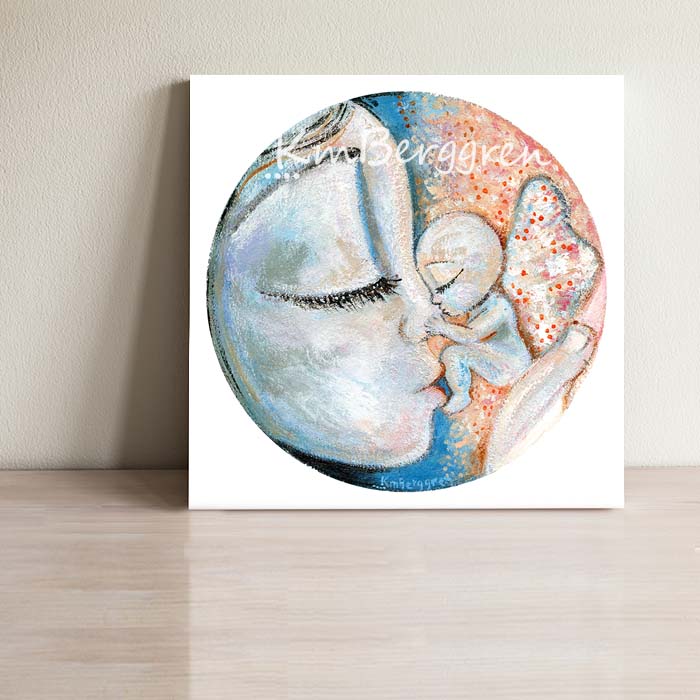 Angel Baby Kissing Mama's Nose CIRCLE Art Print, pink and blue artwork with bald tiny baby angel with pink wings kissing mommy's face, touching mama's nose, kmberggren