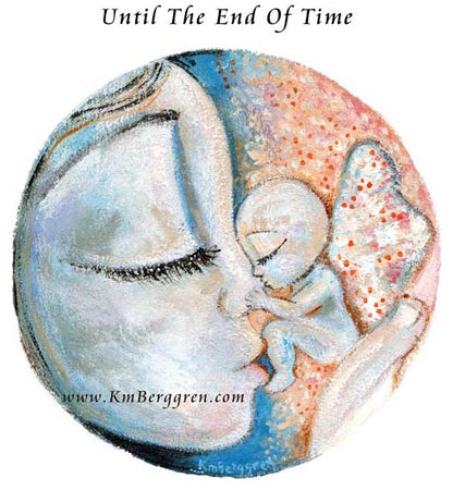 tiny baby with wings hugging mommy's face, pink and blue winged baby artwork