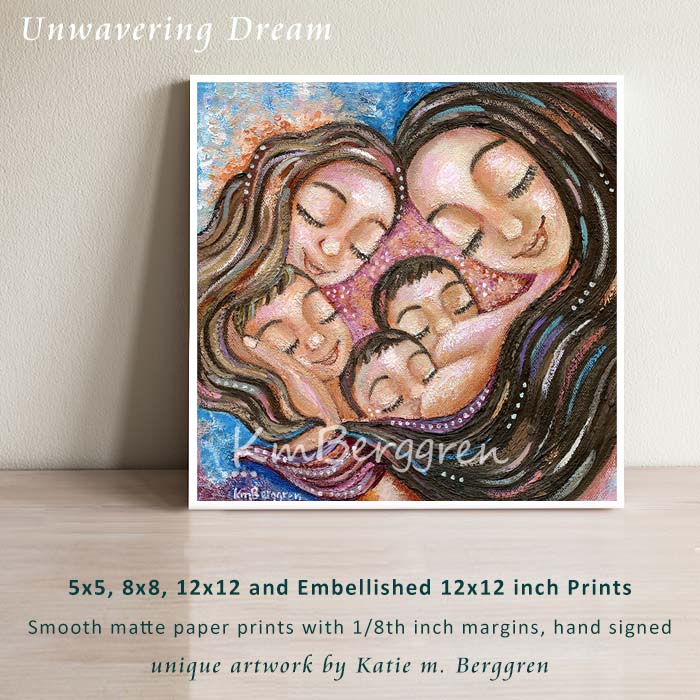 brunette mother with four children artwork, mom with two bbabies and two older children painting, mother of 4 kids picture, family painting, tandem breastfeeding artwork gifts for moms, kmberggren, breastfeeding twins, paintings with twins