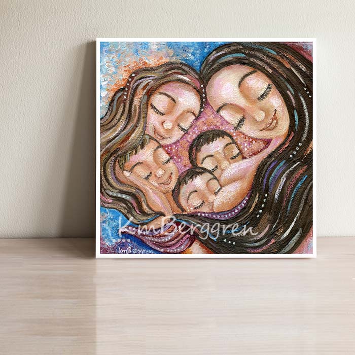 brunette mother with four children artwork, mom with two bbabies and two older children painting, mother of 4 kids picture, family painting, tandem breastfeeding artwork gifts for moms, kmberggren, breastfeeding twins, paintings with twins