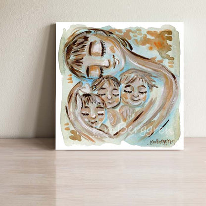 mother of three children, gift for mom of three, cradling three kids, kmberggren art, mother's day gift for mom and three kids, gift for mom from three kids, warm art, natural earth color art