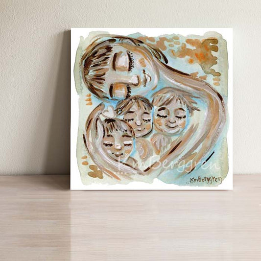 mother of three children, gift for mom of three, cradling three kids, kmberggren art, mother's day gift for mom and three kids, gift for mom from three kids, warm art, natural earth color art